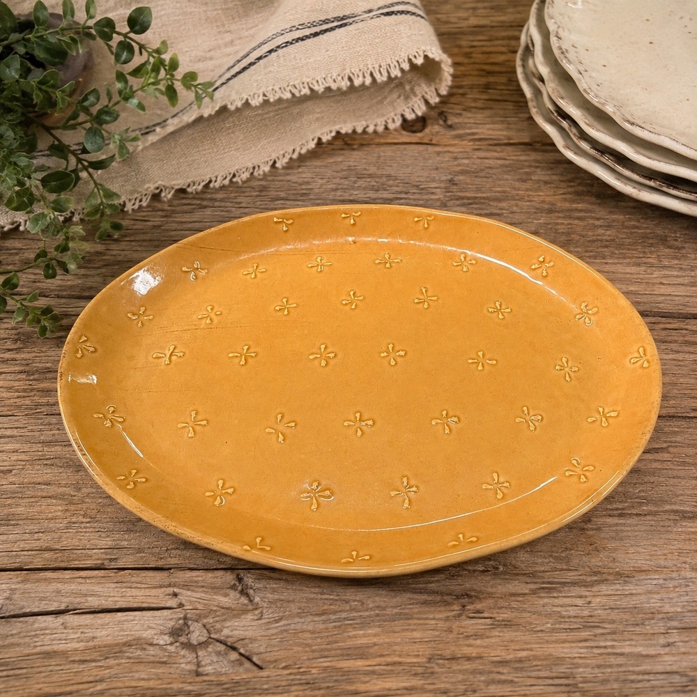 Portugal Terracotta Oval Serving Platter Mustard Yellow Embossed Floral 16 Inch